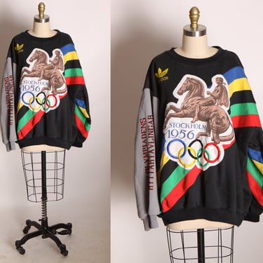 1980s Black Multi-Colored Long Sleeve Pullover Olympics Adidas Stockholm Helsinki Sweatshirt by Adidas -XL 