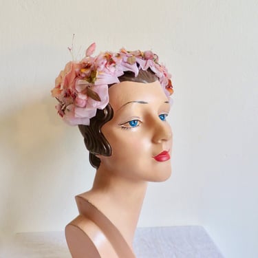 1950's Pink and Peach Silk Floral Fascinator Hat Velvet Berries Flower Headpiece 50's Spring Summer Millinery Bridal Wedding Party 