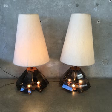 Pair of Mid Century Smoked Acrylic Lamps with Cone Head Shades by Nova