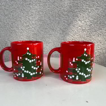 Vintage Waechterbach ceramic mugs set 2 red white green Christmas tree made in West Germany. 