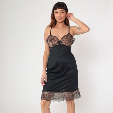 Vintage Black Slip Dress 70s Sheer Floral Lace Black Nylon Nightgown Lingerie Lace Midi 1970s Empire Waist Spaghetti Strap Medium 38 