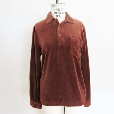 Vintage 80s Brown Velour Long Sleeve Shirt S - 1980s Collared Gender Neutral Top - Solid Color 