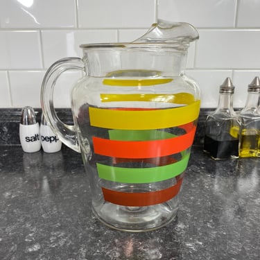 Vintage Large 64oz Glass Pitcher w/Ice Lip | Striped Design Yellow, Orange, Green & Brown | Vintage Retro MCM Water/Lemonade handled Jug 