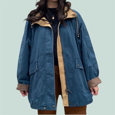 Vintage Chore Coat Retro 2000s Timberland + Weathergear + Size Medium +Blue + Tan + Brown Trim + Field + Barn Jacket + Workwear + Outerwear 