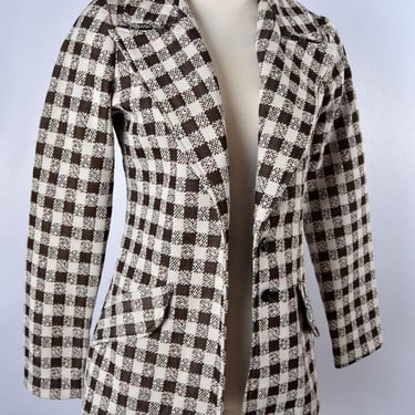 1970's Polyester Fitted Blazer Jacket Vintage Brown White Check Hippie Boho Ossie Clark Beba style Wide lapels 