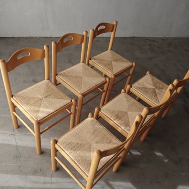 Set of 6 Italian Oak and Rush Dining Chairs by Hank Loewenstein 