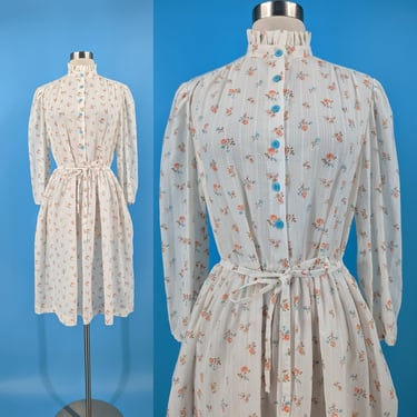 Vintage 70s Large White Floral Cotton Handmade High Collar Shirtwaist Dress 