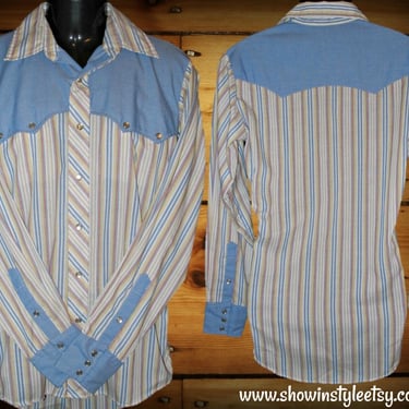 Goatroper Vintage Retro Western Men's Cowboy & Rodeo Shirt, Long Tail, Medium Blue with Pin Striping, Size Medium (see meas. photo) 