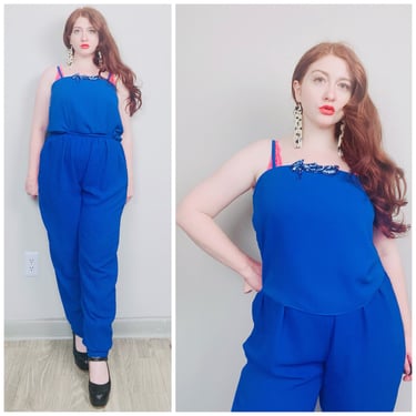 1980s Vintage Blue Poly Chiffon Pant Set / 80s Cropped Tank Top and High Waisted Trousers / Medium - Large 