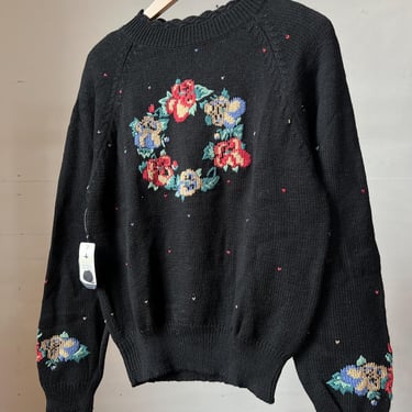 Med, Vintage Deadstock 1980s 1990s Black Floral Embroidered Sweater, Herman Geist, S1 