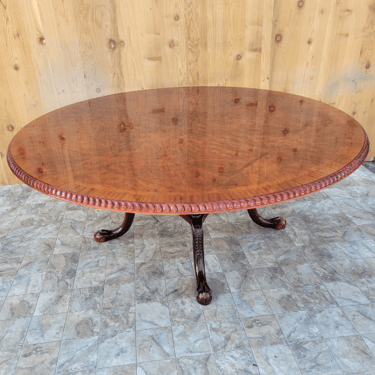 Antique English Regency Style Flame Mahogany Carved Pedestal Dining Table