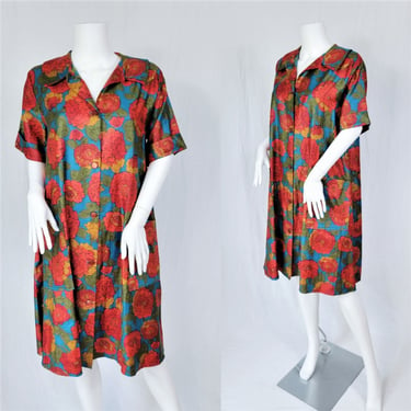 1960's Cotton Sateen Teal Orange Floral Print A-Line Models Coat Dress I Sz Med I Styled by Morgan 