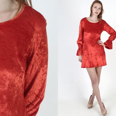 80s Gothic Red Crushed Velvet Dress, Trumpet Puff Sleeves, Ruffle Sleeve Plain Micro Mini Dress 