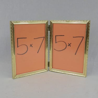 Vintage Hinged Double Picture Frame - Gold Tone Metal w/ Non-Glare Glass - Holds Two 5