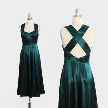 Vintage 90s All that Jazz green satin criss cross back party dress 