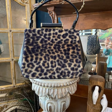 1960s purse, leopard print handbag, vintage purse, rockabilly style, mrs maisel, faux fur, brown and black, top handle, 50s accessories, vlv 
