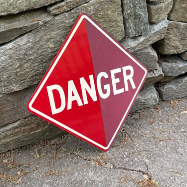 1970s DANGER + SLOW Tin Sign by Minnesota Mining Company Trucker Rig Graphic Vintage Mid-Century Red + Yellow Doublesided 