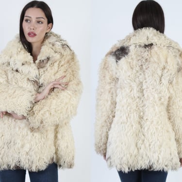 Mongolian Fur Coat / Plush Ivory Tibetan Lamb Jacket / Brown Shaggy Curly Natural Fur Jacket / Bohemian Womens Winter Spotted Overcoat 
