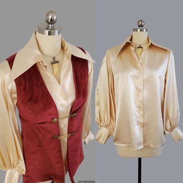 Late 1960s Satin Blouse with Large Pointed Collar and Full Bishop Sleeves with Gauntlet Cuffs - 60s Blouse - 60s Women's Vintage Size Medium 