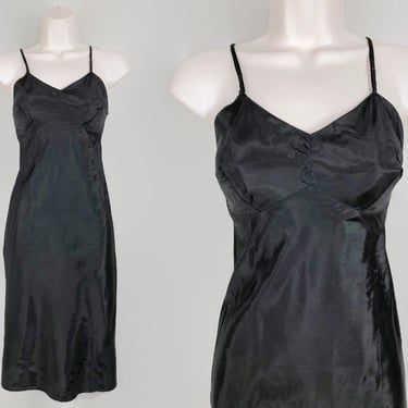 VINTAGE 40s Black Taffeta Sweetheart Full Slip | 1940s Art-Deco Bias Slip Dress | Waldes Kover Zipper | Size S XS | vfg 