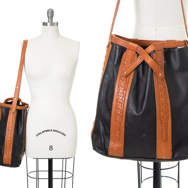 Vintage 1970s 1980s Purse | 70s 80s Two Tone Leather Brown Black Bucket Bag Large Shoulder Purse 