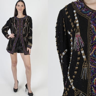 Abstract Beaded Deco Sequin Jacket, Black Oversized Silk Blazer, 80s Womens Cocktail Party Coat 