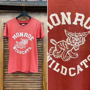 Vintage 1970’s Monroe Wildcats Athletic Team School Cotton Tee Shirt, 70’s Tube Tee, 70’s T Shirt, Vintage Clothing 