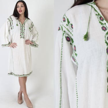 70s India Gauze Maxi Dress, Floral Embroidered Indian Cotton Sundress, Vintage Bell Sleeve Bohemian Frock 