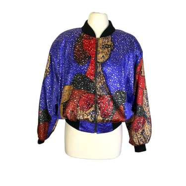 Vintage 80s 90s Silkworms Picasso Art Face Print Silk Bomber Jacket Unisex Full Zip 