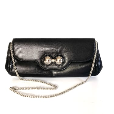 Vintage 90s Rodo Black Leather Faux Lizard Clutch Bag, Silvertone Chain Made in Italy 