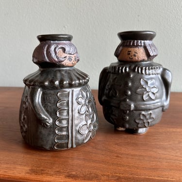 Pair of Victoria Littlejohn figural vases / Pond Farm artist midcentury vintage ceramic people 