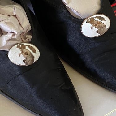 RARE Antique Wiener Werkstatte Shoes / Black Silk with Enameled Buckles / Koloman Moser Rabbits / HEART cutouts! / Moire Ribbon Laces 