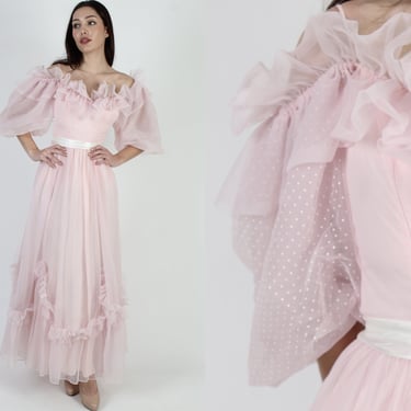 Pink Polka Swiss Dot Historical Period Dress / Vintage 70s Romantic Country Saloon Costume / Full Skirt Plantation Style Western Gown 