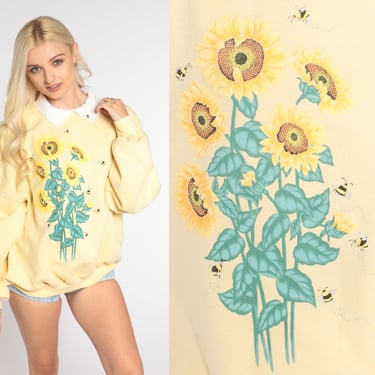 Sunflower Sweatshirt 90s Yellow Collared Sweatshirt Floral Bumblebee Graphic Sweater Pullover Retro Bee Kawaii Vintage 1990s Extra Large xl 