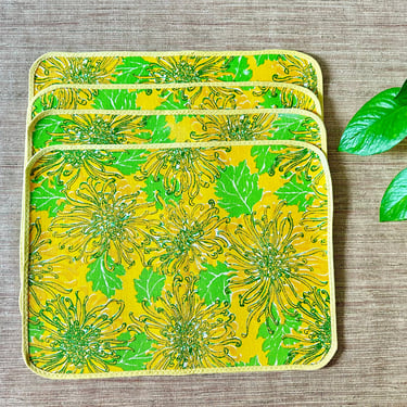 Vintage Floral Green and Yellow Fabric Placemats - Set of 4 