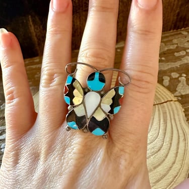 TAKING FLIGHT Allison Dishta Inlay Butterfly Zuni Ring | Native American Southwestern Jewelry | Silver, Turquoise Spiny Oyster | Size 9 