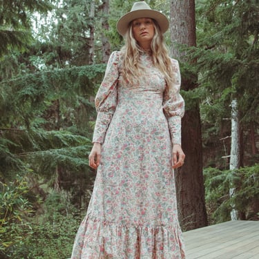 princess polly baby blue dress Vintage Gunne Sax Pink Floral Boho Maxi Prairie Dress Sz 9 main image 1