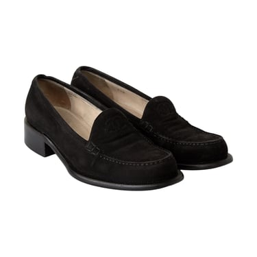 Chanel Black Suede Logo Loafers