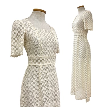 Vtg 60s 1960s Mod MCM Sheer Ivory Venetian Lace Boho Bridal Gown Maxi Dress 
