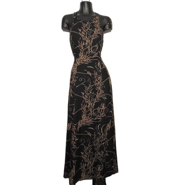 1990s Vintage BANANA REPUBLIC Dress, Black Silk Fit & Flare Maxi, Minimalist Sleeveless Bamboo Safari Print, Vintage Clothing 