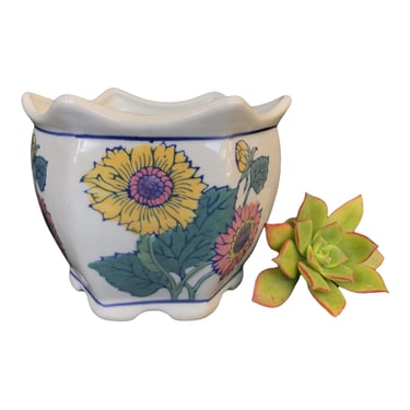 Vintage Asian Porcelain Planter | Flower Bonsai Pot | Tokoname Shinto Desk Garden | Handpainted Pink & Yellow Flowers 