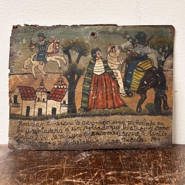1920s Ex Voto Tin Retablo of a Man Avoiding a Stabbing from a Soldier - Early 1900s Mexican Folk Art - Rare Unique Artwork - Farm -1914 