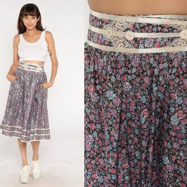 Gunne Sax Skirt 70s Foral Prairie Skirt Calico Midi Skirt Bohemian Hippie Retro Lace Cottagecore Boho High Waisted Vintage 1970s Small 26 