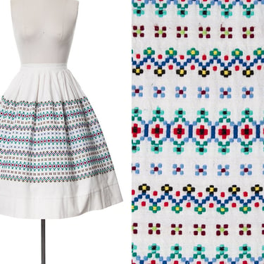 Vintage 1950s 1960s Skirt | 50s 60s Woven Geometric Border White Cotton Pleated Full Swing Folk Skirt (medium) 