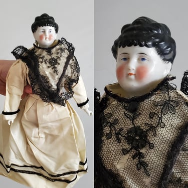 Antique China Head Doll - 13" Tall - with Visible Ears and Ornate Bun Hairstyle - Antique German Dolls - Collectible Dolls 