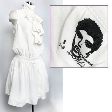 Vintage BETSEY JOHNSON 1970's White Ruffles Cotton Shift Dress, Black Punk Label 1980's Flapper Dress, New Romantic Old Sun Dress, Day Dress 