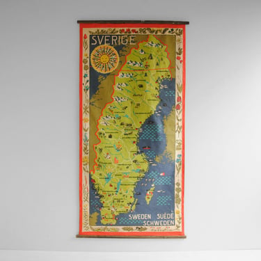 Mid Century Fabric Map of Sweden Hanging on Wood Dowels 