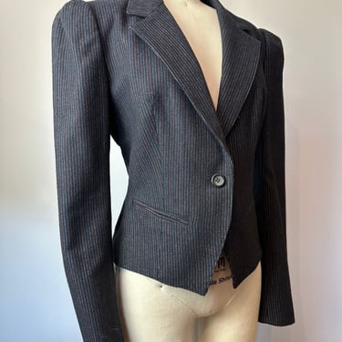 Vintage blazer ~ 100% wool pinstriped Navy blue cropped style jacket slightly fitted waist cropped short~ 1970’s-80’s era blazers M/L 