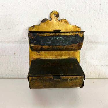 Vintage Gold Metal Match Safe Well Holder Mid-Century Antique Tin Mantique Rustic Industrial Decor Kitchen Brass 