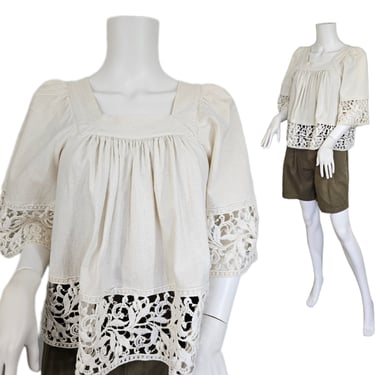 Vintage 1970's Ivory Raw Cotton Mexican Peasant Blouse Sz Med I Crocheted 